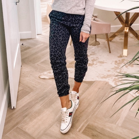 Black Grey Leopard Animal Print Joggers 